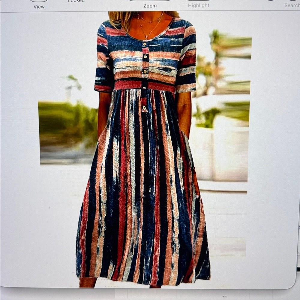Button-Front Striped Midi Dress in Navy and Coral. Shoulder to bottom - 48”, L